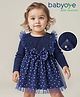 Babyoye Woven Full Sleeves Glitter Printed Party Frock with Bow Applique & Frill Detailing -  Navy Blue