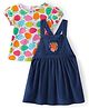 Babyhug Courduroy Frock With Half Sleeves Tropical Fruits Printed Inner Tee - White & Navy