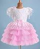 Bluebell Woven Half Sleeves Floral Embroidered Layered Party Frock with Bow Applique - Pink