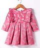 Twetoons Cotton Knit Full Sleeves Leaves Printed Frock with Frill  Detailing - Pink