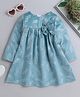 Twetoons Velvet Woven Full Sleeves Frock With Leaves Print & Bow Applique - Teal Blue
