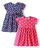 Babyhug Single Jersey Knit Half Sleeves Dresses With Floral & Fruit Print & Bow Applique Pack of 2 - Dark Pink & Navy Blue