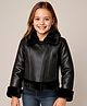 Pine Kids Woven Full Sleeves Leather Jacket With Fur Detailing - Black
