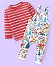 Babyhug Single Jersey Knit Full Sleeves Striped T-Shirt & Full Length Dungaree Set with Animals Print -Red & White