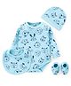 Doodle Poodle Cotton Interlock Knit Full Sleeves Onesie With Bib Cap & Booties Animals Printed - Atomizer Blue