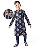 EARTHY TOUCH Premium Cotton Jersey Knit Full Sleeves Kurta & Pajama Set Floral Print - Navy Blue
