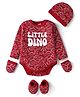 Doodle Poodle Interlock Knit Full Sleeves Dino Printed Onesie With Cap Mittens & Booties - Red
