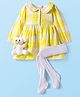 Babyhug Cotton Knit Full Sleeves Checkered Peter Pan Collared Frock with Leggings & Teddy Sling  - Yellow