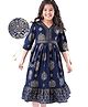 EARTHY TOUCH Single Jersey Knit Floral Foil Printed Ethnic Dress - Navy Blue