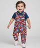 Babyhug Single Jersey Knit Dungaree with Polo T-Shirt Text Print - Navy Blue & Red