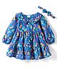 Babyhug Viscose Woven Full Sleeves Front Open Peter Pan Collared Frock with Headband & Butterfly Print - Blue