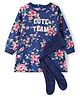 Babyhug Cotton Knit Full Raglan Sleeves Frock With Floral Print & Stockings - Blue