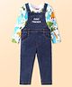 Babyhug Single Jersey Woven Dungaree with Full Sleeves Dino Printed T-Shirt - Navy Blue