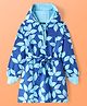 Pine Kids Cotton Knit Full Drop Shoulder Sleeves Hooded Sweatshirt Dress With Leafy Print & Front Tie Up-Blue