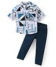 Babyhug Cotton Woven Full Sleeves  Geometric Printed Shirt & Trouser Set - Light Blue