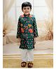 BownBee Pure Cotton Full Sleeves Floral Printed Kurta With Coordinating Jacket & Solid Pyjama - Green & White