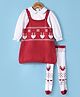 ToffyHouse 100% Cotton Knit Full Sleeves Winter Wear Polka Dots Printed Peter Pan Collared Top with Deer Designed Sweater Dress & Stockings - Red