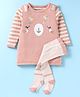 ToffyHouse 100% Cotton Knit Full Sleeves Striped Winter Wear Top & Stockings with Deer Design - Dark Peach