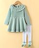 ToffyHouse Cotton Knit Full Sleeves Sweater Dress With Schiffli Detailing & Stockings - Teal