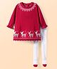 ToffyHouse Cotton Knit Full Sleeves Winter Frock With Deer Design & Stockings - Red