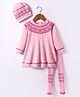 ToffyHouse 100% Cotton Knit Full Raglan Sleeves Bunny Designed Winter Wear Sweater Dress with Beanie & Stockings - Pink