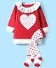 ToffyHouse Cotton Knit Full Sleeves Winter Sweater Dress With Heart Patch & Stockings - Red & White