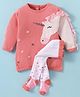 ToffyHouse Cotton Knit Full Sleeves Unicorn Printed Winter T-Shirt With Hat & Stockings - Coral