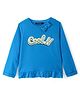 Pine Kids Cotton Knit Full Sleeves Top with Text Print Bow & Frill Detailing - Blue