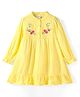 Babyhug Viscose Woven Full Sleeves Mandarin Collared Frock with Floral Embroidery & Frill Detailing  - Yellow