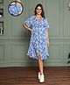 MomToBe Half Sleeves Leaf Printed Maternity Dress With Concealed Zipper Nursing Access- Blue Colour
