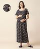 MomToBe Cotton Half Sleeves Floral Printed Nighty With Nursing Access - Navy Blue