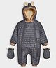 Mi Arcus Full Sleeves Solid Puffer Hooded Romper With Mittens Set - Grey