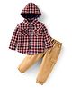 Babyhug Cotton Woven Full Sleeves Hooded Checkered Shirt & Lounge Pant Set - Beige & Rust Orange