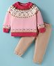 ToffyHouse Knit Full Sleeves Winter Wear T-Shirt & Lounge Pant Set With Aztec & Bunny Design - Pink