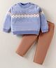 ToffyHouse Knit Full Sleeves Winter Wear Designed T-Shirt & Lounge Pant Set - Light Blue & Brown