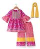 Babyhug Cambric  Woven Three Fourth Sleeves Mirror Work Embroidered Floral & Striped Printed Kurta & Gharara Set with Dupatta - Dark Pink