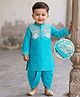 Babyhug Woven Full Sleeves Floral  Embroidered Kurta Dhoti Set -Light Blue