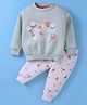 Teddy Fleece Knit Full Sleeves Winter T-Shirt & Lounge Pant Set With Floral Print - Mint Green