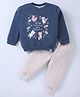 Teddy Fleece Knit Full Sleeves Winter T-Shirt & Lounge Pant Set With Animal Print - Navy Blue