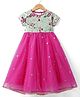 Babyhug Woven Short Sleeves Net Sequenced Ethnic Dress With Floral Embroidery - Fuchsia