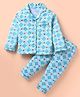 Cucumber Sinker Knit Full Sleeves Front Open Night Suit With Checks & Stars Print - Light Blue