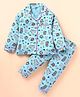 Cucumber Sinker Knit Full Sleeves Front Open Night Suit With Kittens Print - Aqua
