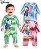 Babyhug Disney Interlock Knit Full Sleeves Striped Rompers With Donald Duck Graphics Pack of 3 - Blue Green & Red