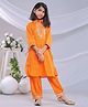 misbis Cotton Three Fourth Sleeves Lace Embellished & Lehariya Printed Kurta Salwar Set - Orange