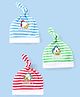 Babyhug Disney Interlock Knit Striped Caps with Knit Detailing & Donald Duck Graphics Pack of 3 - White Blue & Red