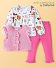 Babyoye Eco Conscious  100% Cotton Knit  Full Sleeves Animal Printed Top & Leggings Set with Jacket Bow Applique - Dark Pink & White