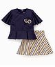 Enfance Half Sleeves Floral Applique Top With Striped Skirt - Navy Blue