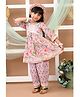 LIL PITAARA Pure Cotton Three Fourth Sleeves Floral Printed & Gota Lace Embellished Coordinating Kurta & Pant Set - Purple