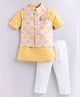 LITTLE COLLARS Jacquard Full Sleeves Solid Kurta & Pyjama With Floral Embroidered Nehru Jacket & Broach - Yellow