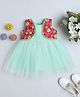Many frocks & Sleeveless Solid Net Dress With Floral Embroidered Attached Shrug - Green